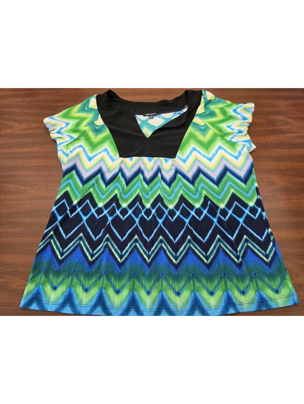 Notations XL Blue Green Chevron Geometric Stretch Knit Top Office Boho Chic